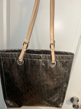 Michael Kors Black Logo Tote with Tan Straps